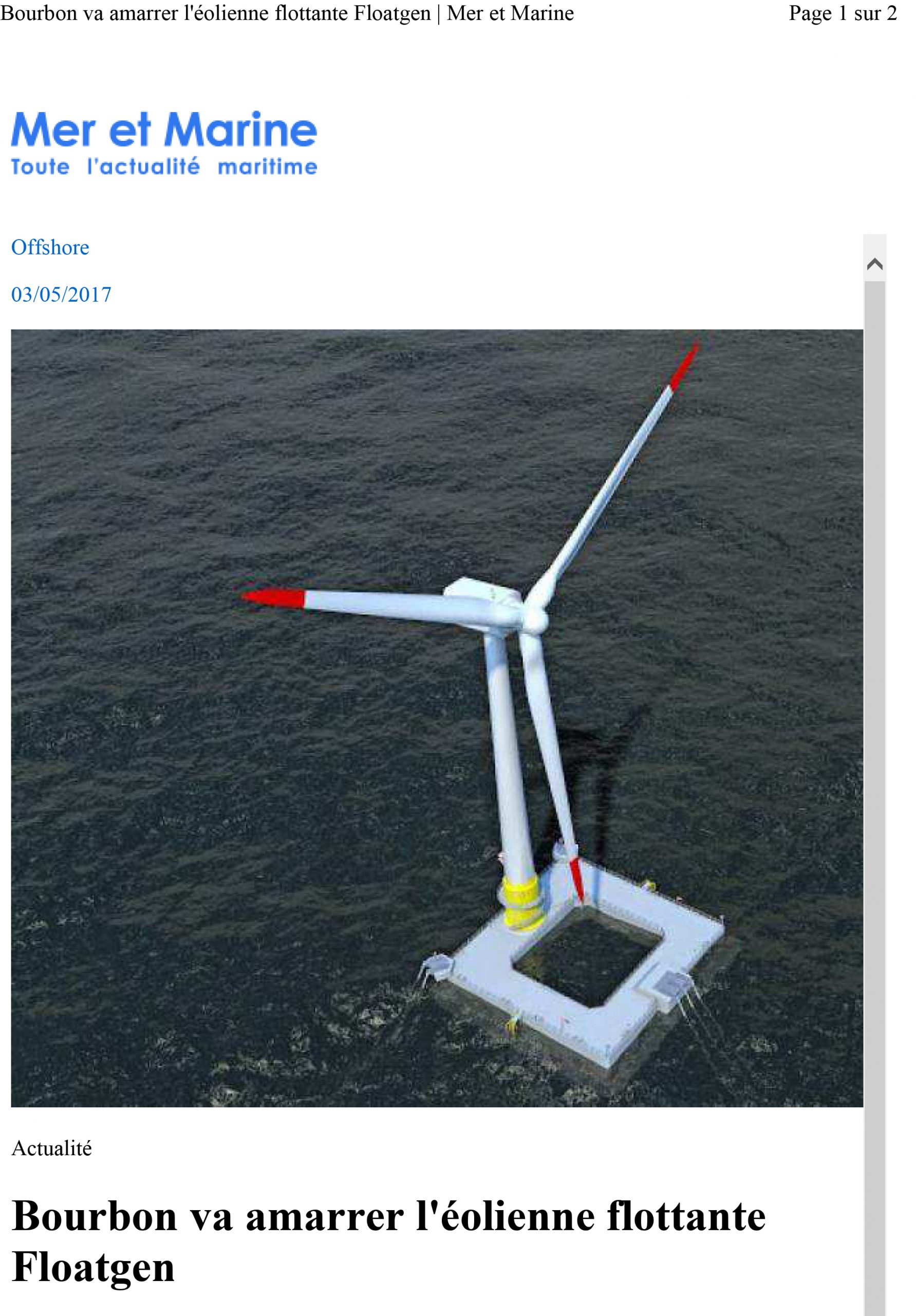 Bourbon va amarrer l’éolienne flottante Floatgen
