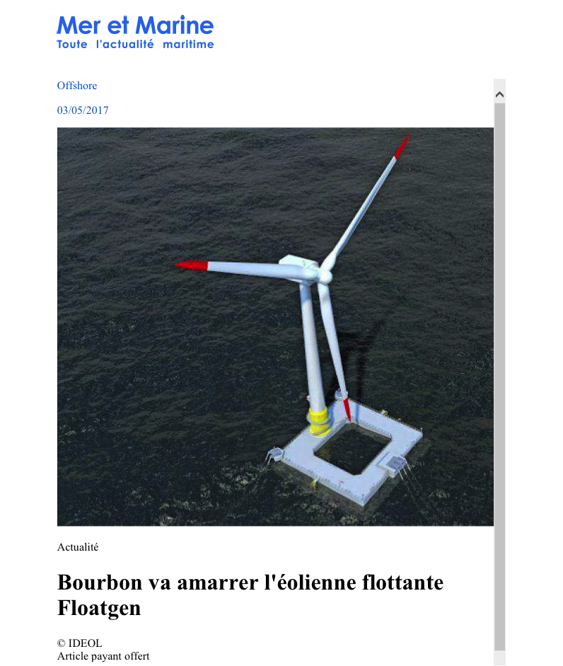 Bourbon va amarrer l’éolienne flottante Floatgen