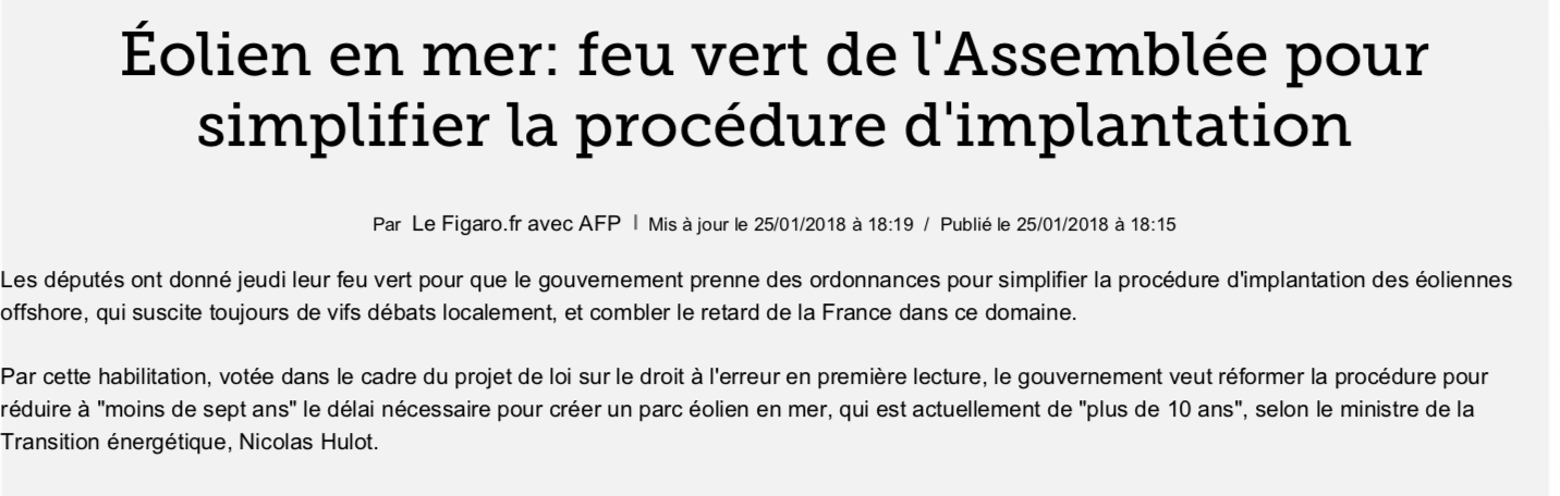 Eolien en mer: feu vert de l’Assemblée pour simplifier la procédure d’implantation